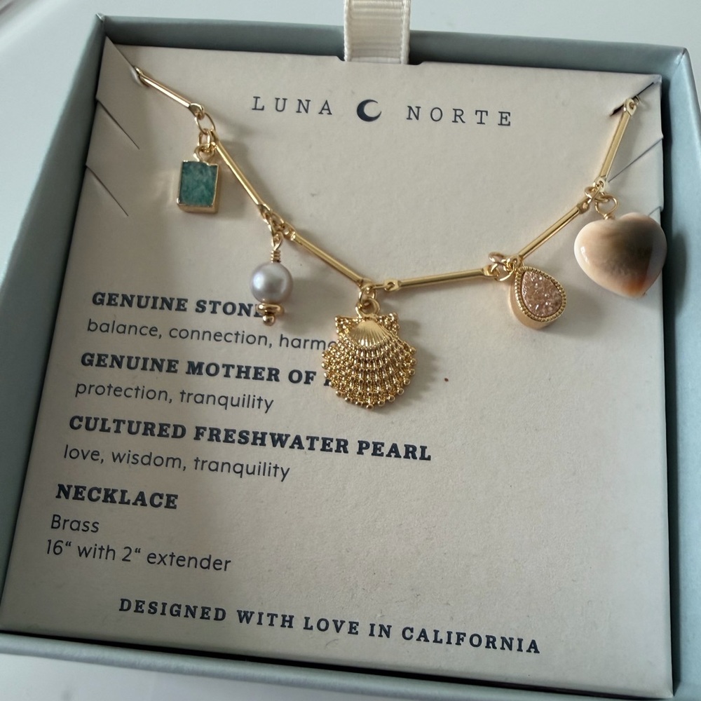 Luna Norte Gold Charm Necklace with Quartz Mother of Pearl Green Stone & Pearl